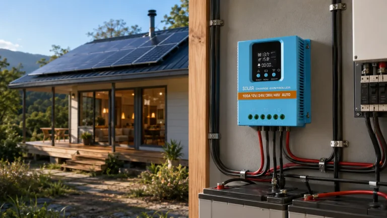 Residential off-grid solar system with charge controller and battery storage