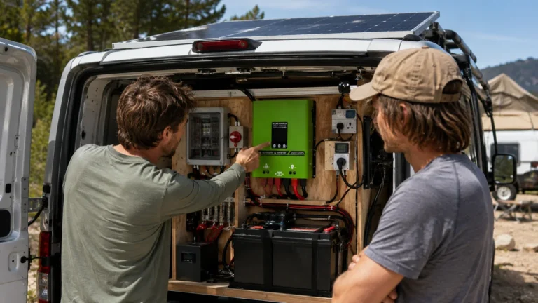 RV Solar Power System Installation with Inverter and Battery Storage